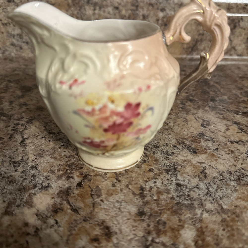 Vintage Floral Ceramic Pitcher with Pink Handle